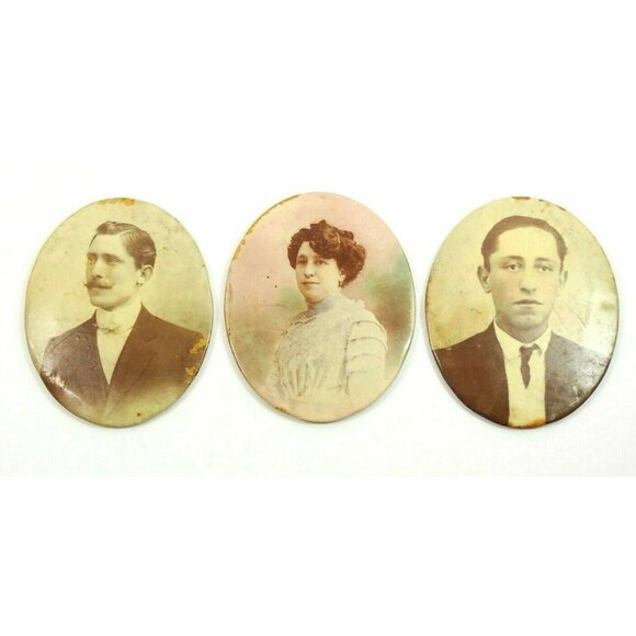 3 Antique Edwardian Oval Photo Plaques Hand-Colored Woman Men Handlebar Mustache - Picture 2 of 3